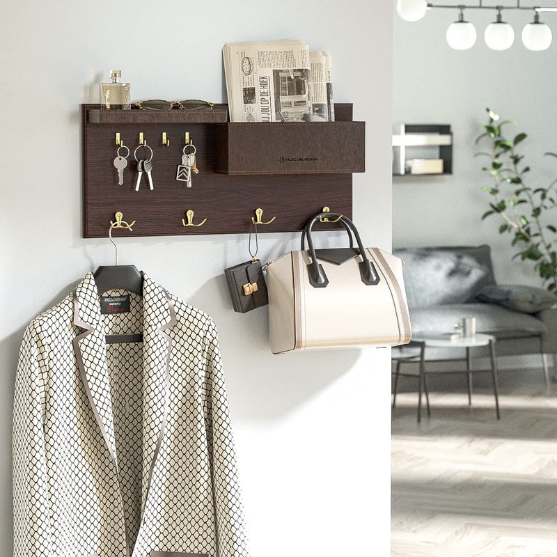 J JACKCUBE DESIGN JackCubeDesign Entryway Coat Rack Wall Mount Key Holder Mail Envelope Hook Organizer Clothes Hat Hanger with Faux Brown Leather Shelf and Tray(Solid Wood, 20.5 x 9.1 x 3.4 inches) â€“ :MK362B - Image 3